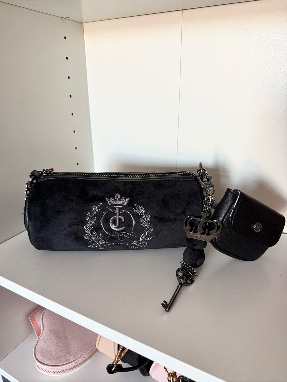 Juicy Couture “Sparkle Royal” Suede Barrel Shoulder Bag with Crown Key Charm